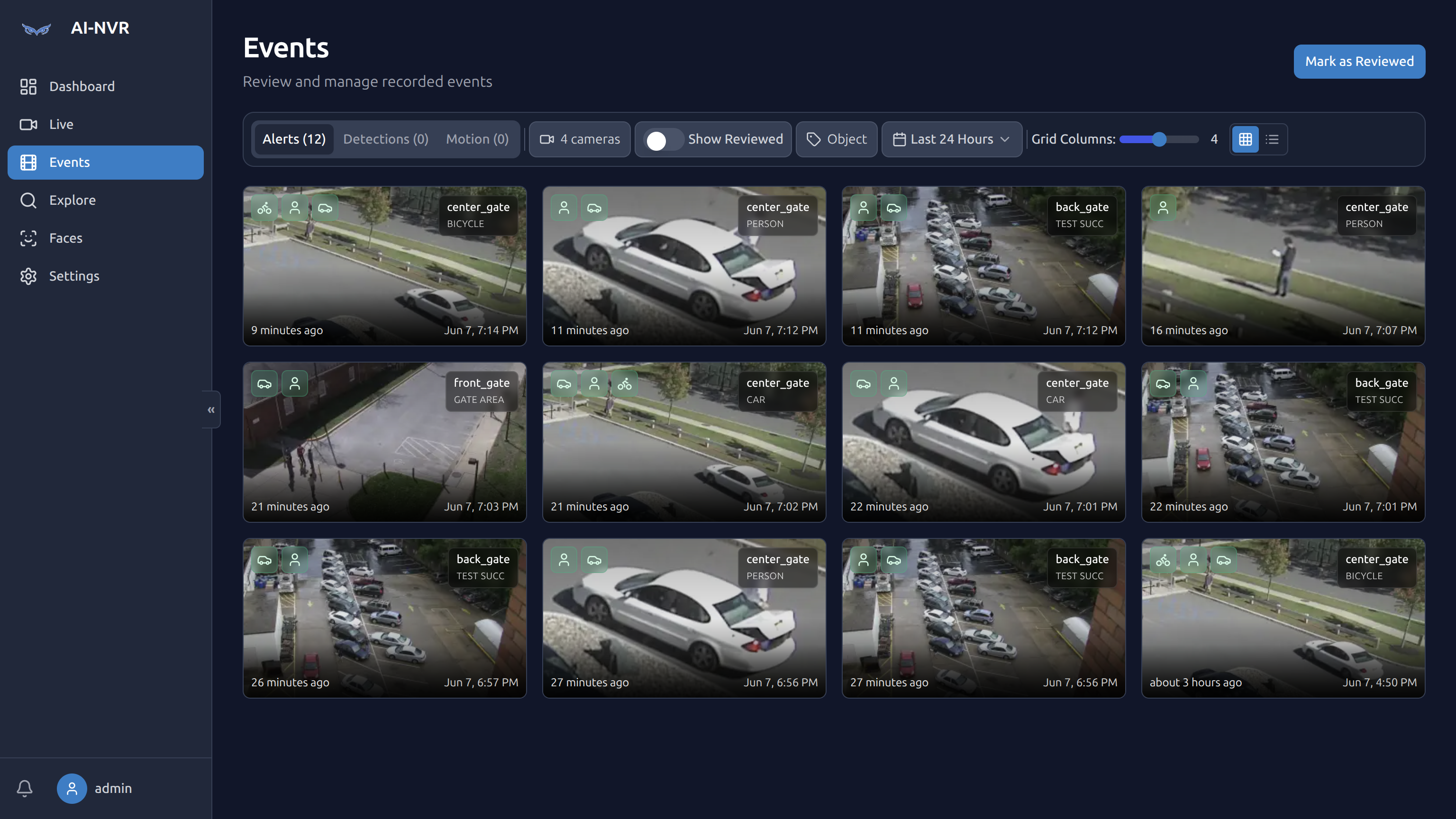 Event grid with categorized labels and threat indicators